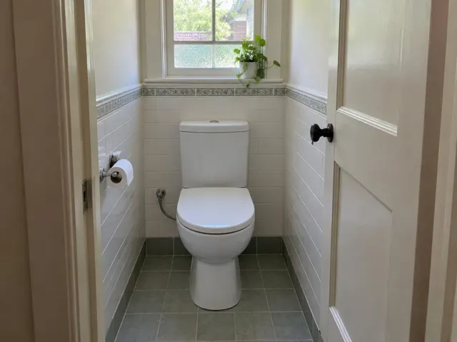 Clean white toilet in a small tiled bathroom with a window and wall shelf in Thornleigh