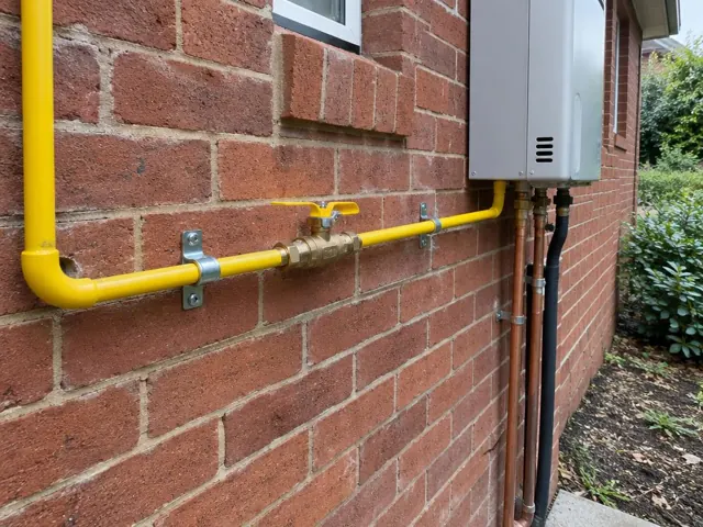 Yellow gas pipe and valve on a brick exterior wall beside a hot water unit in Normanhurst