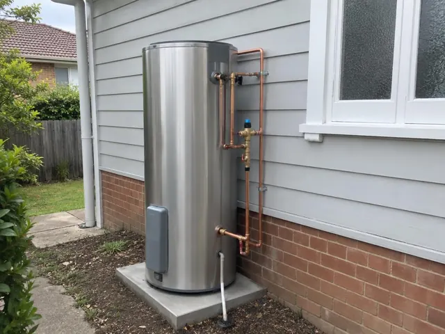 Stainless outdoor hot water cylinder on a concrete pad beside a weatherboard house in Pennant Hills